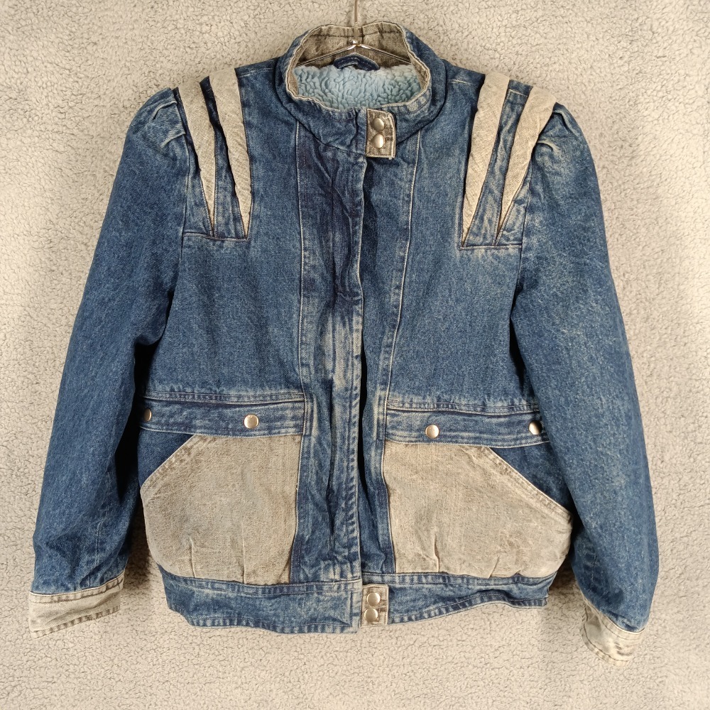 Maine Made Denim Jacket Sherpa Lined Women's Large Padded Shoulder Vintage Blue